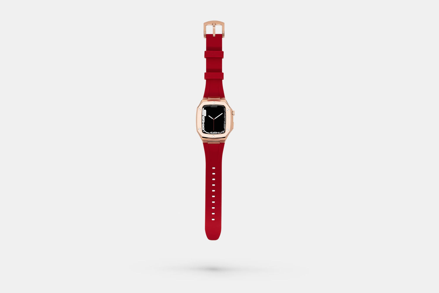 Everose Sport - Accessoire Apple Watch - Coque Or Rose et bracelet Silicone rouge Appel Watch 44mm ouvert