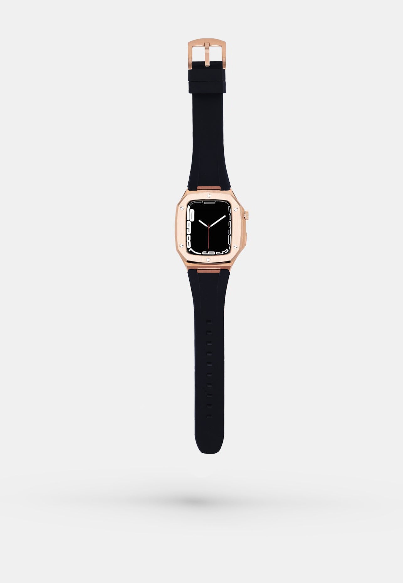 Everose Sport - Accessoire Apple Watch - Coque Or Rose et bracelet Silicone noir Appel Watch 44mm ouvert